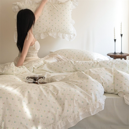 尺素 2025年小碎花纯棉花边四件套全棉田园风荷叶边被套纯棉床单棉法式套件1.8纯色床笠套件 花西子冰沙绿（花边款）