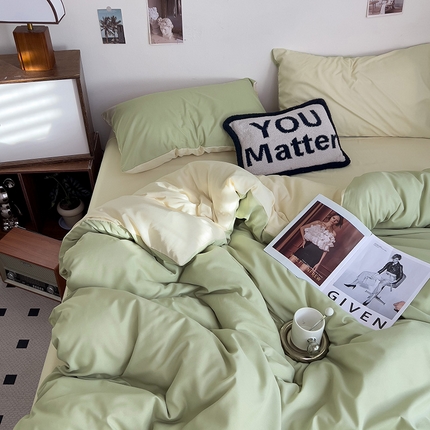 维娜斯家纺 2025新款水洗棉纯色双拼四件套亲肤柔单人被套床单学生三件套 艾草绿+米色