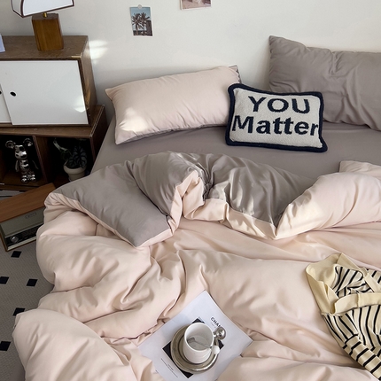 维娜斯家纺 2025新款水洗棉纯色双拼四件套亲肤柔单人被套床单学生三件套 米白+驼