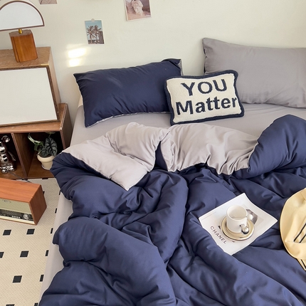 维娜斯家纺 2025新款水洗棉纯色双拼四件套亲肤柔单人被套床单学生三件套 魅蓝+烟灰