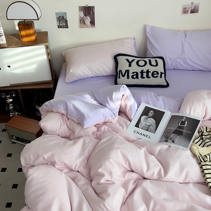 维娜斯家纺 2025新款水洗棉纯色双拼四件套亲肤柔单人被套床单学生三件套 藕紫+亮紫
