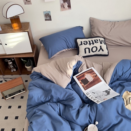 维娜斯家纺 2025新款水洗棉纯色双拼四件套亲肤柔单人被套床单学生三件套 蓝色+驼色