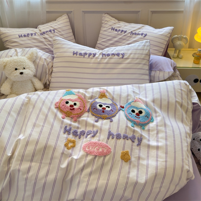 91家纺网 家纺一手货源 找家纺 （总）有间小屋 2025新款全棉条纹印花+毛巾绣系列四件套