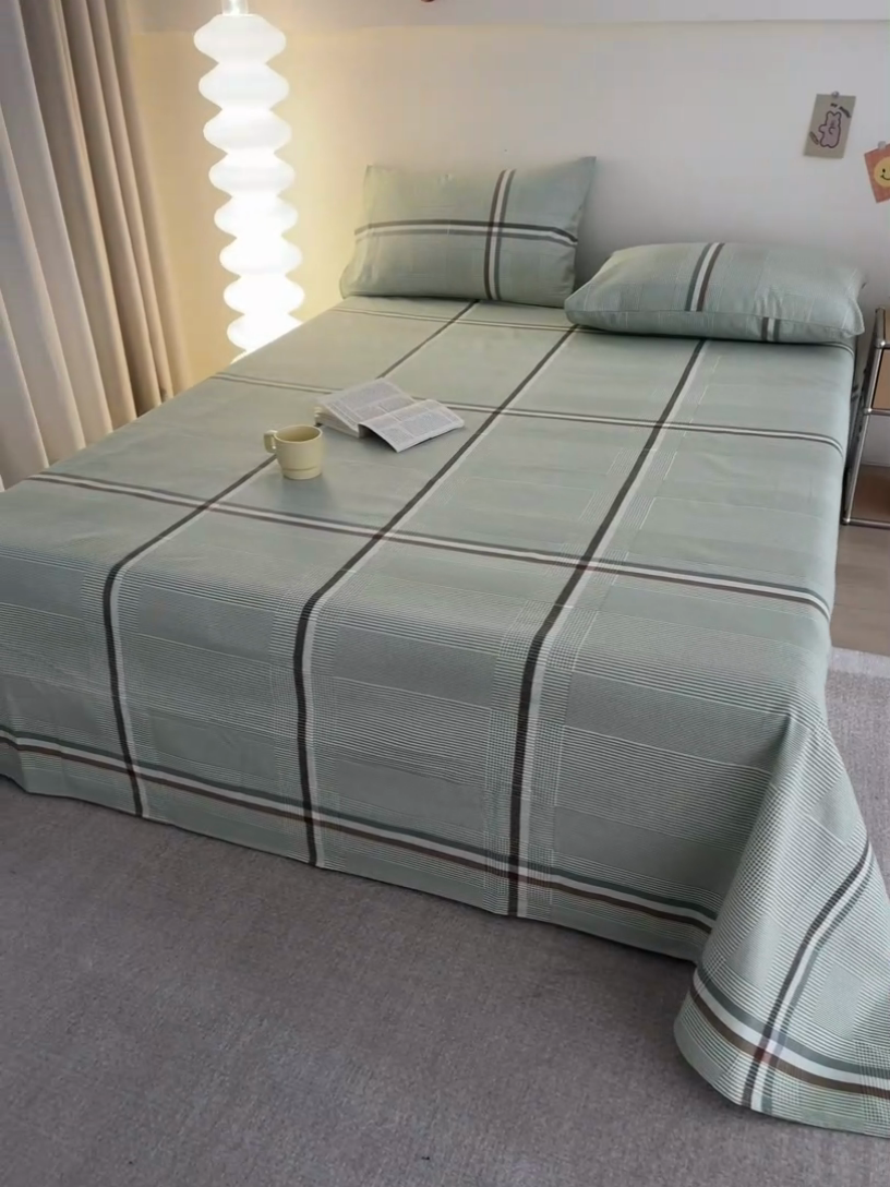 91家纺网 家纺一手货源 找家纺 首爱家纺 2025新款老粗布全棉纯棉床单三件套软凉席子 绿川