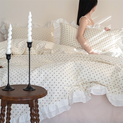 尺素 2025年小碎花纯棉花边四件套全棉田园风荷叶边被套纯棉床单棉法式套件1.8纯色床笠套件 南乔桃粉（花边款）