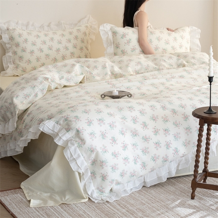 尺素 2025年小碎花纯棉花边四件套全棉田园风荷叶边被套纯棉床单棉法式套件1.8纯色床笠套件 山茶芝士奶黄（花边款）