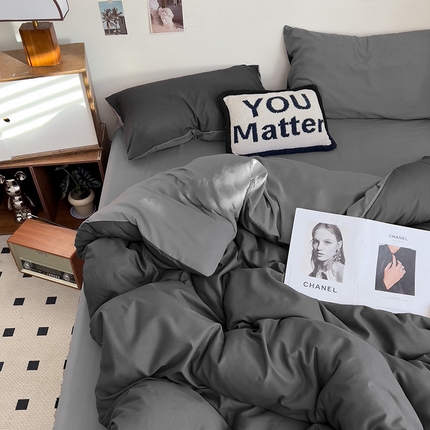 维娜斯家纺 2025新款水洗棉纯色双拼四件套亲肤柔单人被套床单学生三件套 灰色+浅灰