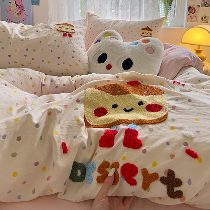 曼谷家纺 2025新款软糯毛巾绣水洗棉四件套-【买家秀联系微信】专属版权，质检报告 芝士蛋糕-波点粉