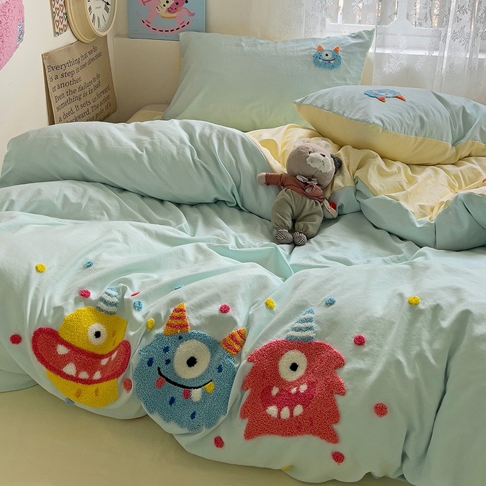 91家纺网 家纺一手货源 找家纺 曼谷家纺 2025新款软糯毛巾绣水洗棉四件套-【买家秀联系微信】专属版权，质检报告 三小怪-薄荷芝士