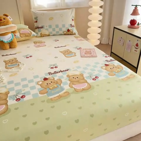 91家纺网 家纺一手货源 找家纺 呗旺鹿 2025新款全棉13372床笠 奶油小熊