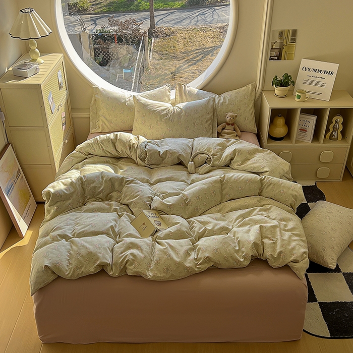 91家纺网 家纺一手货源 找家纺 2025新款针织棉双层纱四件套 堇色