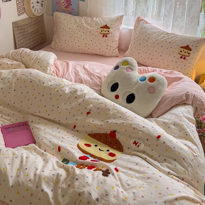 91家纺网 家纺一手货源 找家纺 曼谷家纺 2025新款软糯毛巾绣水洗棉四件套-【买家秀联系微信】专属版权，质检报告 芝士蛋糕-波点粉