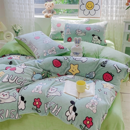 91家纺网 家纺一手货源 找家纺 （买家秀 爆款不断货）A类母婴级双面牛奶绒四件套珊瑚绒四件套雪花绒四件套儿童高克重卡通牛奶绒四件套 幸运狗