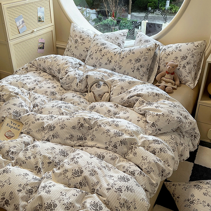 91家纺网 家纺一手货源 找家纺 2025新款针织棉双层纱四件套 花间令