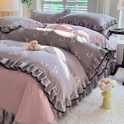 韩约家纺 2025新款1针织双层纱花边款床盖四件套 樱桃之恋（花边款）
