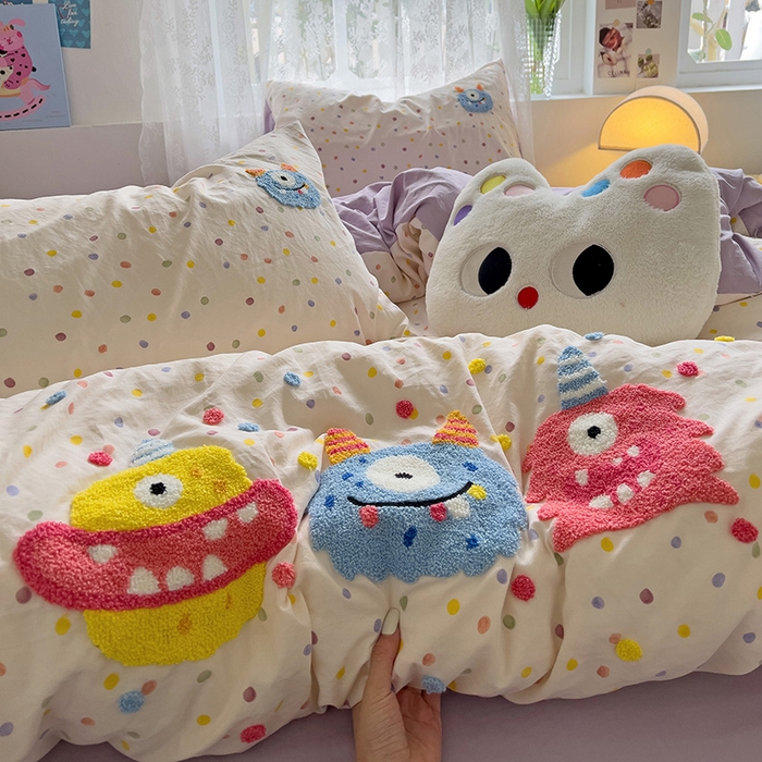 91家纺网 家纺一手货源 找家纺 曼谷家纺 2025新款软糯毛巾绣水洗棉四件套-【买家秀联系微信】专属版权，质检报告 三小怪-波点紫