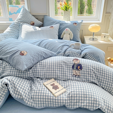 91家纺网 家纺一手货源 找家纺 （总）其奥家纺 2026新款专版色织全棉水洗棉刺绣四件套小清新纯棉四件套