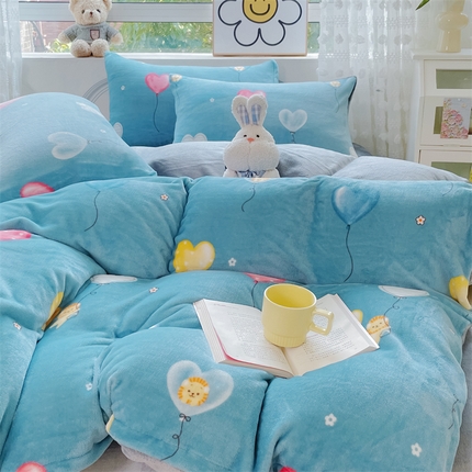 91家纺网 家纺一手货源 找家纺 （买家秀 爆款不断货）A类母婴级双面牛奶绒四件套珊瑚绒四件套雪花绒四件套儿童高克重卡通牛奶绒四件套 遇见爱