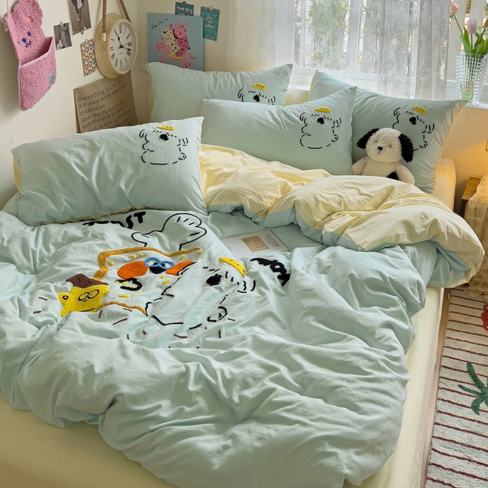 91家纺网 家纺一手货源 找家纺 曼谷家纺 2025新款软糯毛巾绣水洗棉四件套-【买家秀联系微信】专属版权，质检报告 舔狗-薄荷芝士