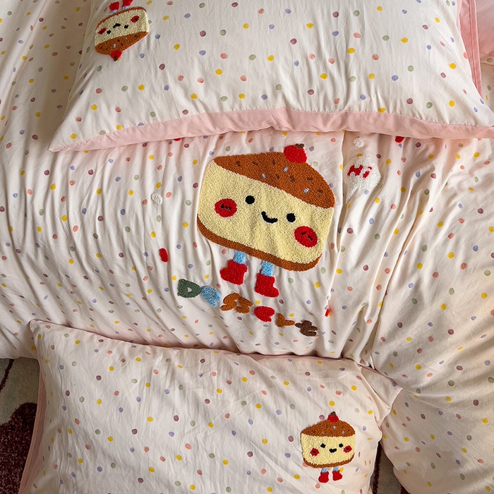 91家纺网 家纺一手货源 找家纺 曼谷家纺 2025新款软糯毛巾绣水洗棉四件套-【买家秀联系微信】专属版权，质检报告 芝士蛋糕-波点粉