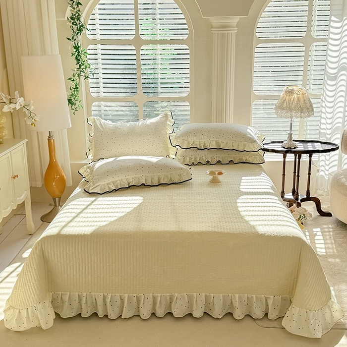 91家纺网 家纺一手货源 找家纺 韩约家纺 2025新款1针织双层纱花边款床盖四件套 奶油波波（花边款）