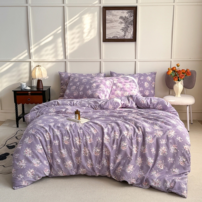 91家纺网 家纺一手货源 找家纺 梦莱斯 2025新款A类有氧针织棉双层纱系列四件套 紫苏