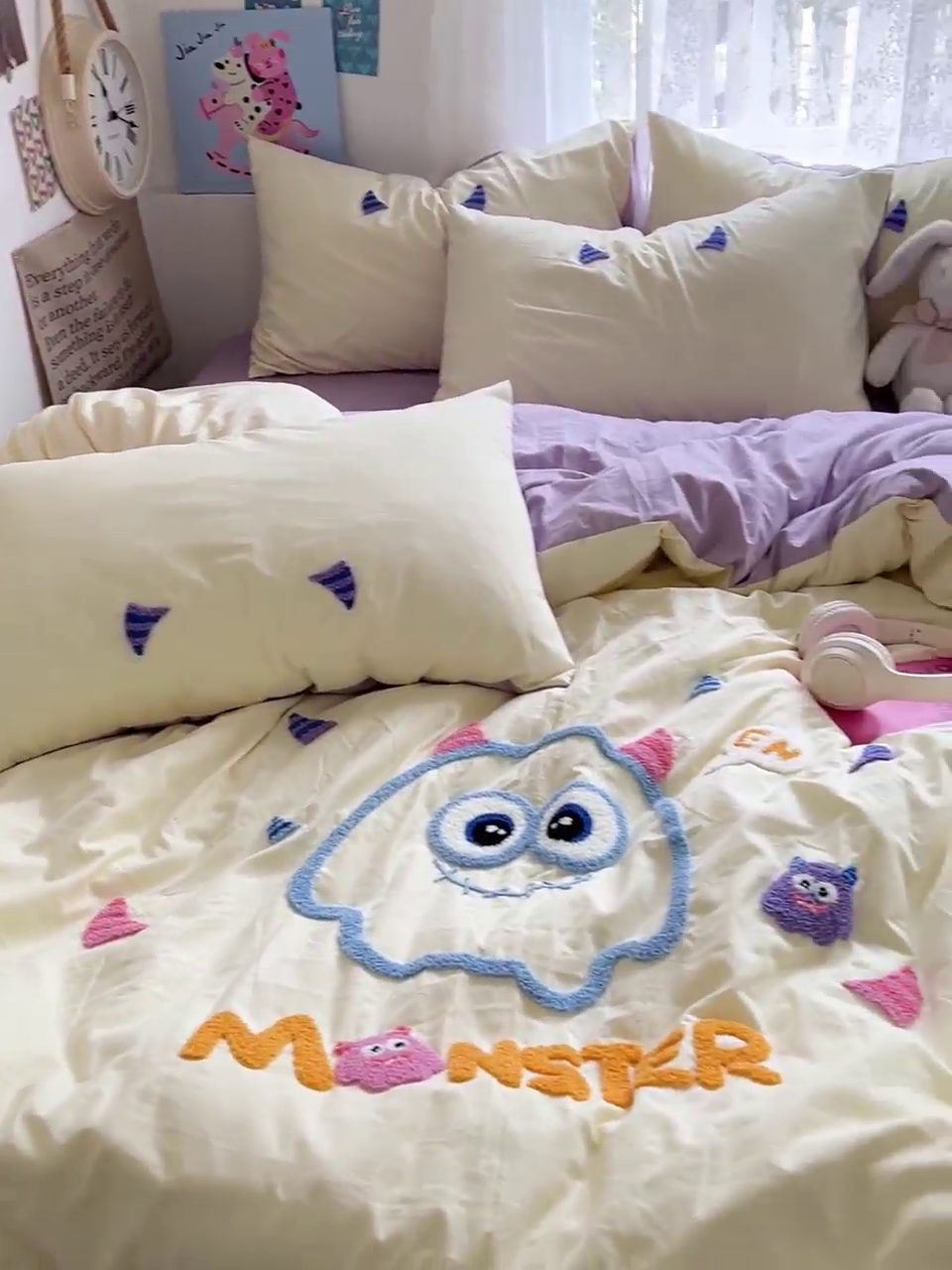 91家纺网 家纺一手货源 找家纺 曼谷家纺 2025新款软糯毛巾绣水洗棉四件套-【买家秀联系微信】专属版权，质检报告 怪兽-芝士紫