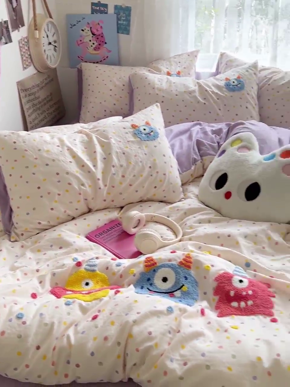 91家纺网 家纺一手货源 找家纺 曼谷家纺 2025新款软糯毛巾绣水洗棉四件套-【买家秀联系微信】专属版权，质检报告 三小怪-波点紫