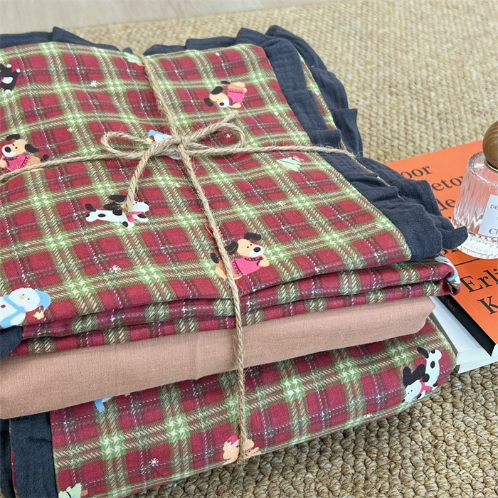 91家纺网 家纺一手货源 找家纺 荣轩 2024新款全棉印花双层纱四件套 皱皱纱花边款 花边玛奇朵