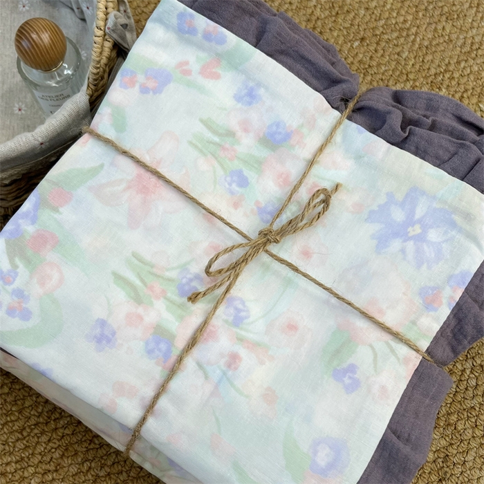 91家纺网 家纺一手货源 找家纺 荣轩 2024新款全棉印花双层纱四件套 皱皱纱花边款 花边缪斯花园