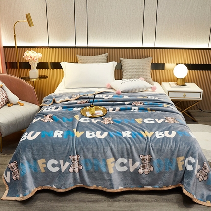 91家纺网 家纺一手货源 找家纺 2025新款云貂绒清仓特价毛毯 字母熊-蓝