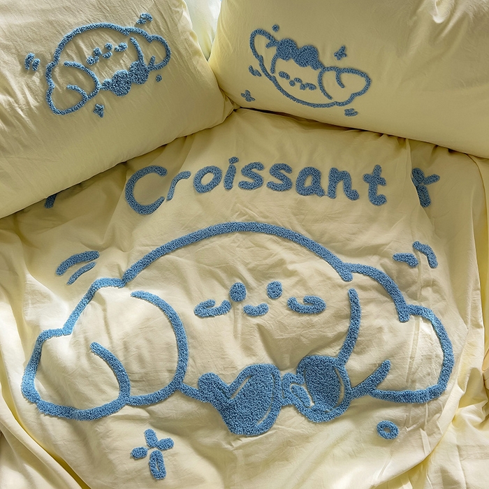 91家纺网 家纺一手货源 找家纺 曼谷家纺 2025新款软糯毛巾绣水洗棉四件套-【买家秀联系微信】专属版权，质检报告 牛角包-芝士蓝