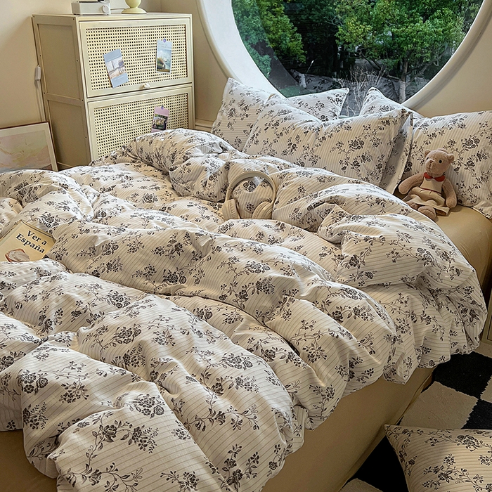 91家纺网 家纺一手货源 找家纺 2025新款针织棉双层纱四件套 花间令