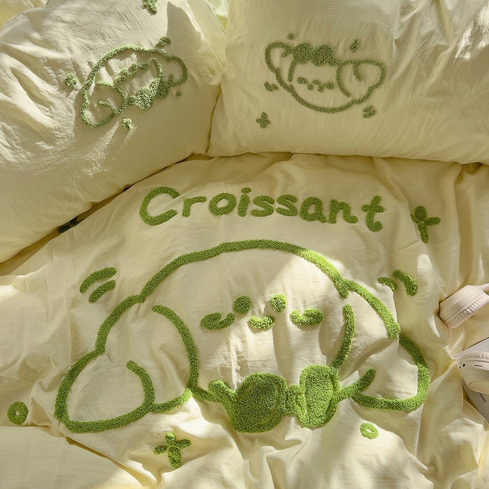 91家纺网 家纺一手货源 找家纺 曼谷家纺 2025新款软糯毛巾绣水洗棉四件套-【买家秀联系微信】专属版权，质检报告 牛角包-芝士绿