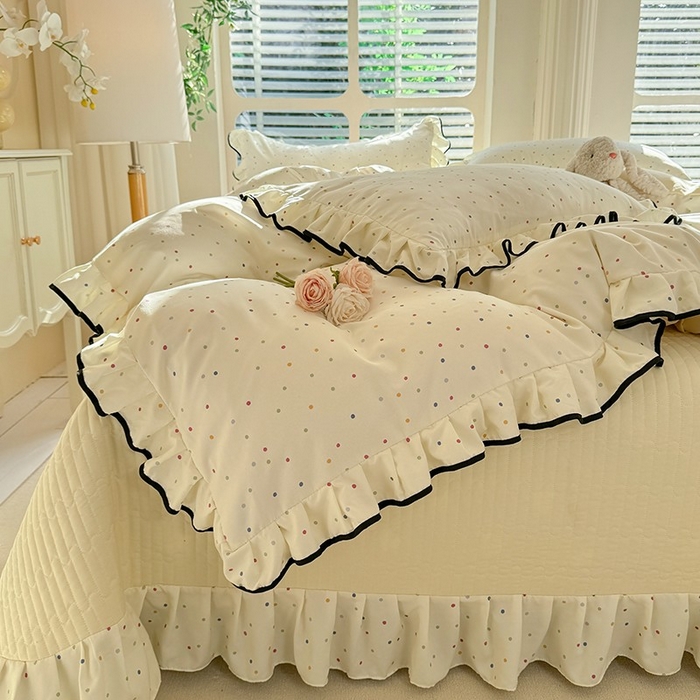 91家纺网 家纺一手货源 找家纺 韩约家纺 2025新款1针织双层纱花边款床盖四件套 奶油波波（花边款）