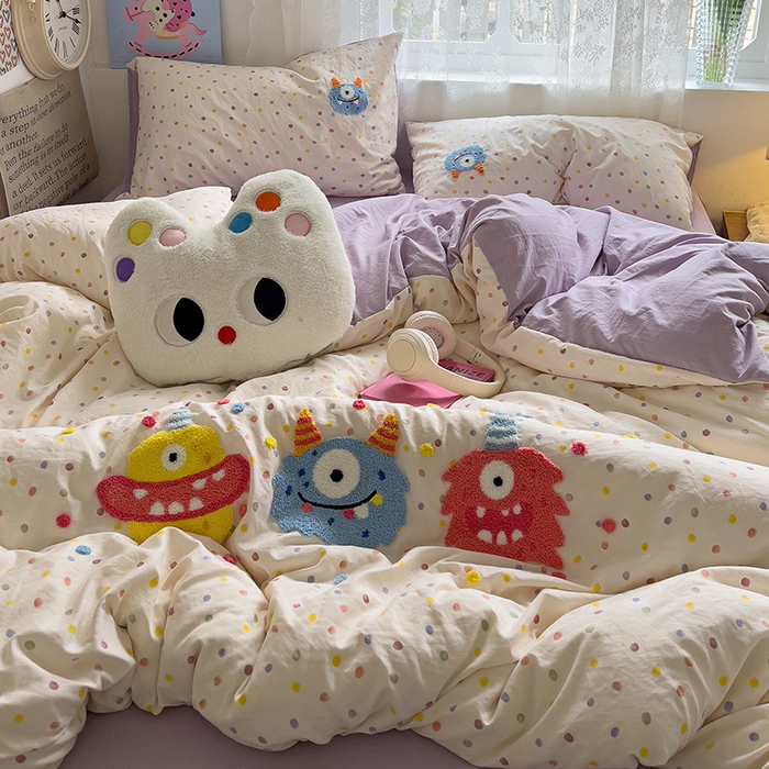 91家纺网 家纺一手货源 找家纺 曼谷家纺 2025新款软糯毛巾绣水洗棉四件套-【买家秀联系微信】专属版权，质检报告 三小怪-波点紫