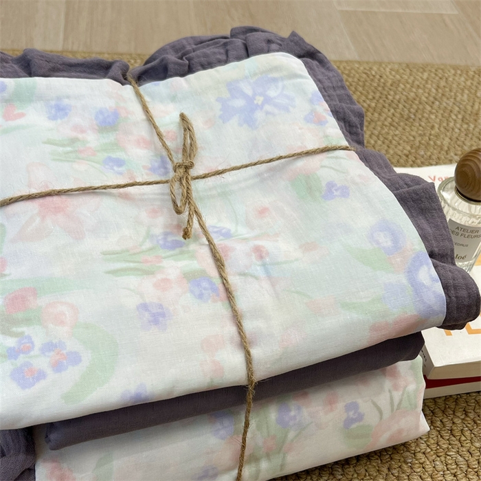 91家纺网 家纺一手货源 找家纺 荣轩 2024新款全棉印花双层纱四件套 皱皱纱花边款 花边缪斯花园