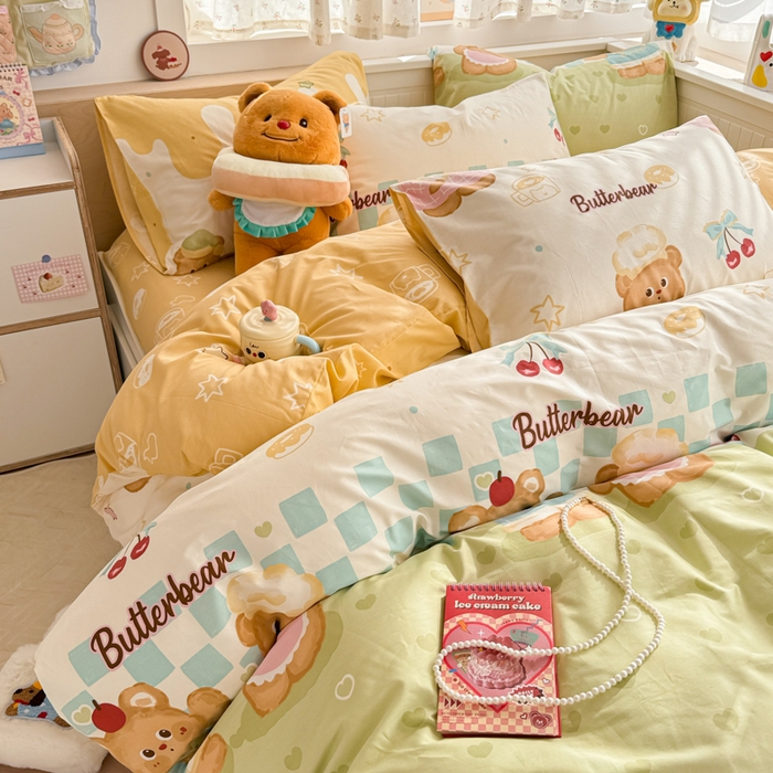 91家纺网 家纺一手货源 找家纺 呗旺鹿 2025新款全棉13372黄油小熊系列四件套 黄油小熊-奶油