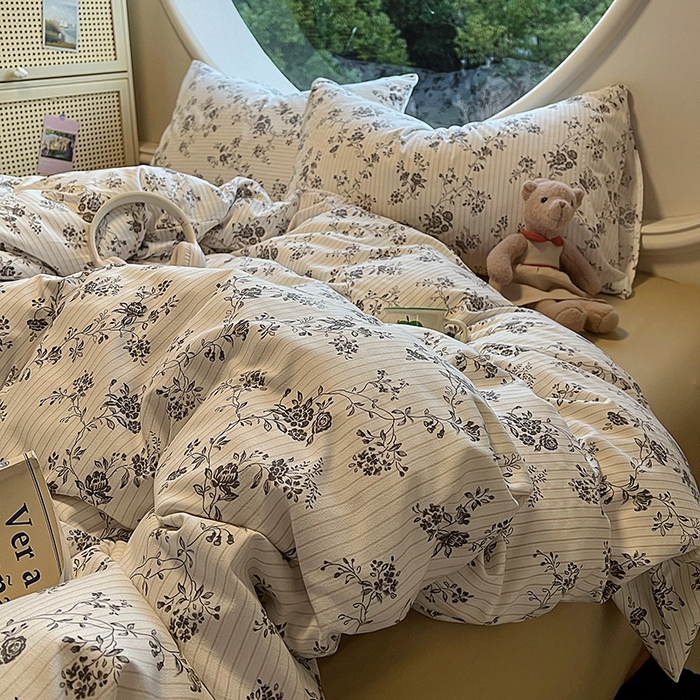 91家纺网 家纺一手货源 找家纺 2025新款针织棉双层纱四件套 花间令