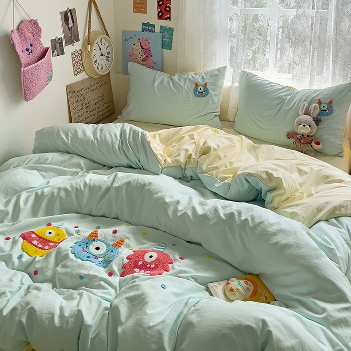 91家纺网 家纺一手货源 找家纺 曼谷家纺 2025新款软糯毛巾绣水洗棉四件套-【买家秀联系微信】专属版权，质检报告 三小怪-薄荷芝士