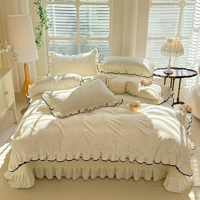 91家纺网 家纺一手货源 找家纺 韩约家纺 2025新款1针织双层纱花边款床盖四件套 奶油波波（花边款）