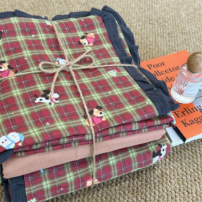 91家纺网 家纺一手货源 找家纺 荣轩 2024新款全棉印花双层纱四件套 皱皱纱花边款 花边玛奇朵