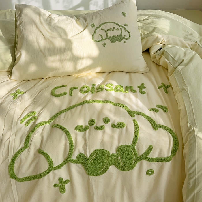 91家纺网 家纺一手货源 找家纺 曼谷家纺 2025新款软糯毛巾绣水洗棉四件套-【买家秀联系微信】专属版权，质检报告 牛角包-芝士绿