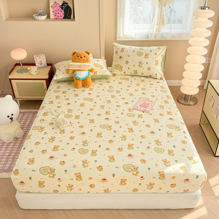 91家纺网 家纺一手货源 找家纺 呗旺鹿 2025新款全棉13372床笠 围裙小熊