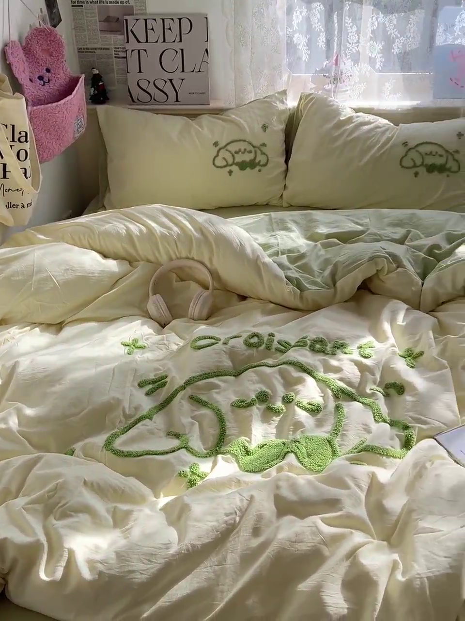 91家纺网 家纺一手货源 找家纺 曼谷家纺 2025新款软糯毛巾绣水洗棉四件套-【买家秀联系微信】专属版权，质检报告 牛角包-芝士绿