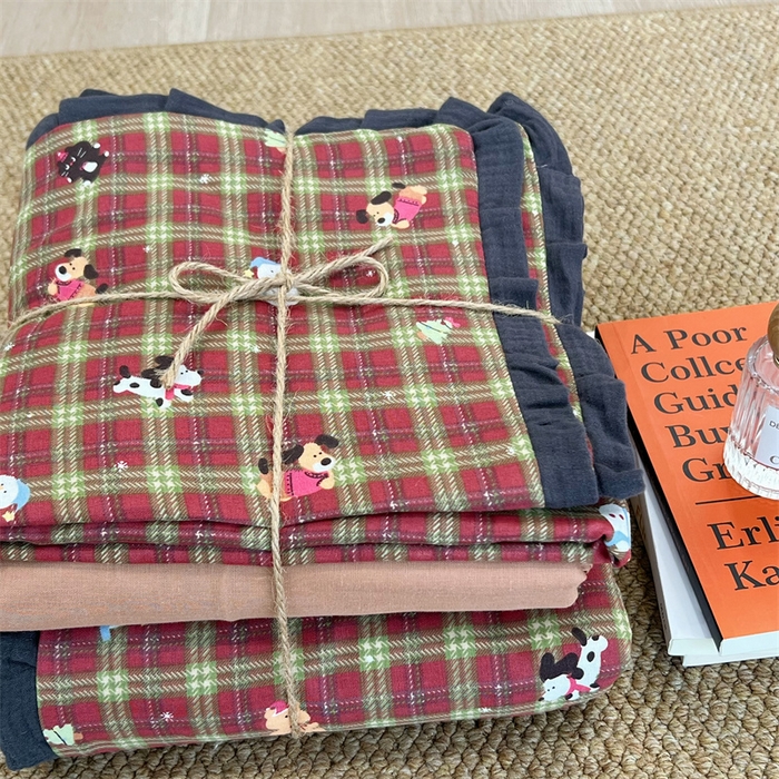 91家纺网 家纺一手货源 找家纺 荣轩 2024新款全棉印花双层纱四件套 皱皱纱花边款 花边玛奇朵