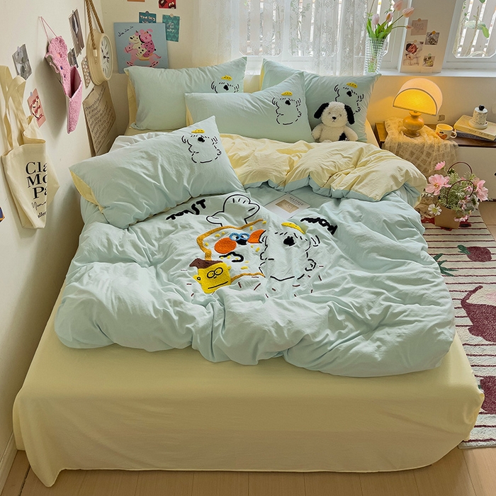 91家纺网 家纺一手货源 找家纺 曼谷家纺 2025新款软糯毛巾绣水洗棉四件套-【买家秀联系微信】专属版权，质检报告 舔狗-薄荷芝士