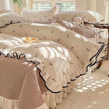 韩约家纺 2025新款1针织双层纱花边款床盖四件套 波波狗（花边款）