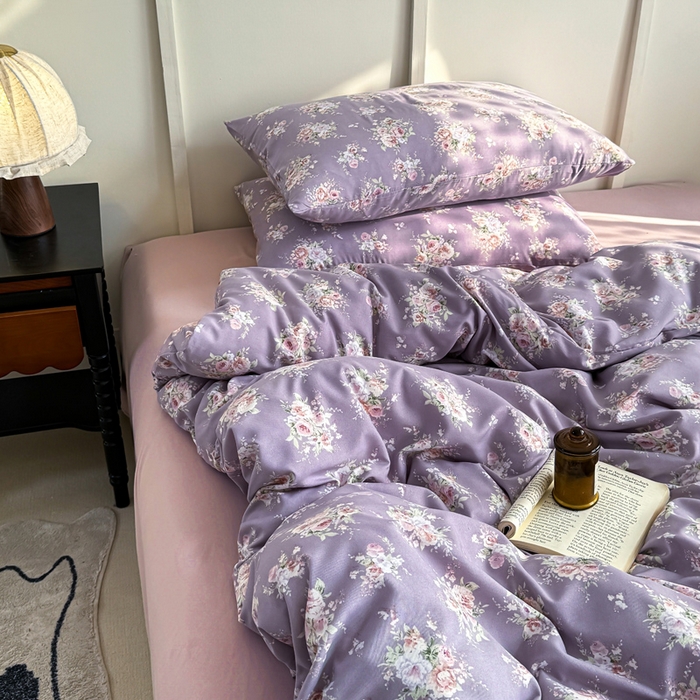 91家纺网 家纺一手货源 找家纺 梦莱斯 2025新款A类有氧针织棉双层纱系列四件套 紫苏