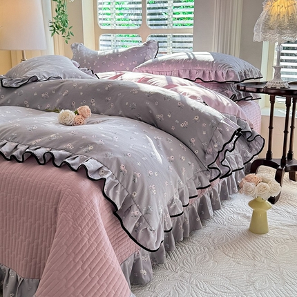 韩约家纺 2025新款1针织双层纱花边款床盖四件套 花影缤纷（花边款）